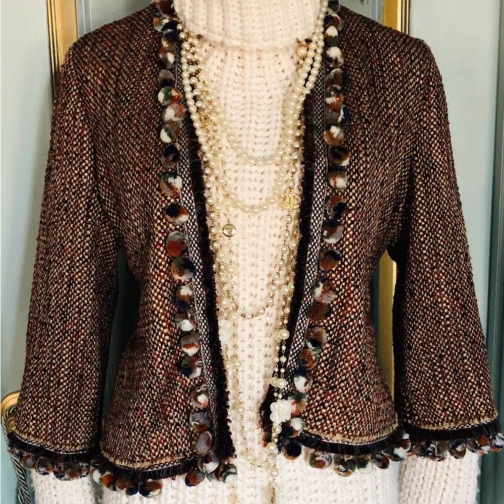 Zara Brown Burgundy Tweed Blazer Pom Pom